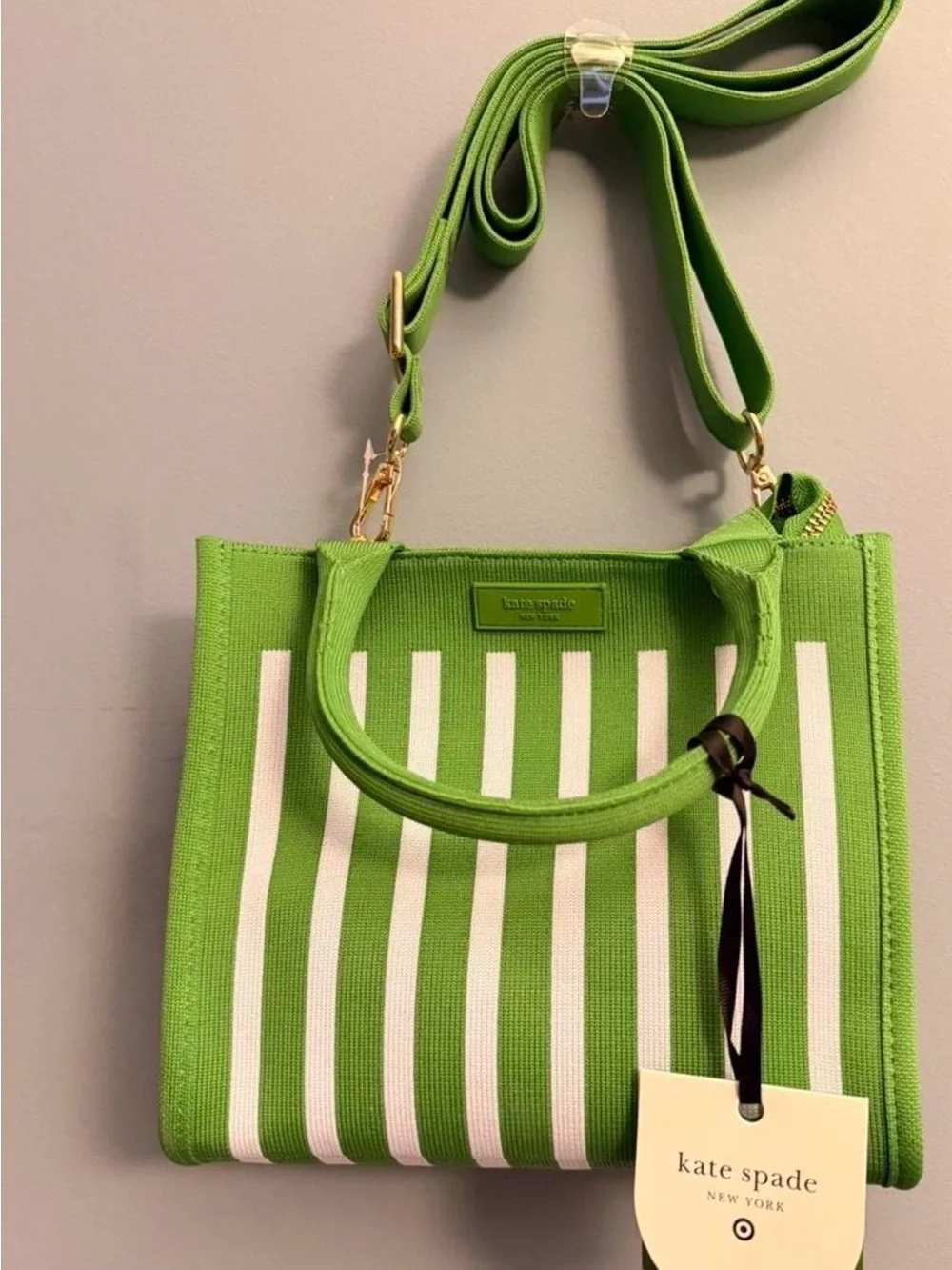 kate spade Green and White Striped Canvas Crossbody Tote - Picture 1 of 4